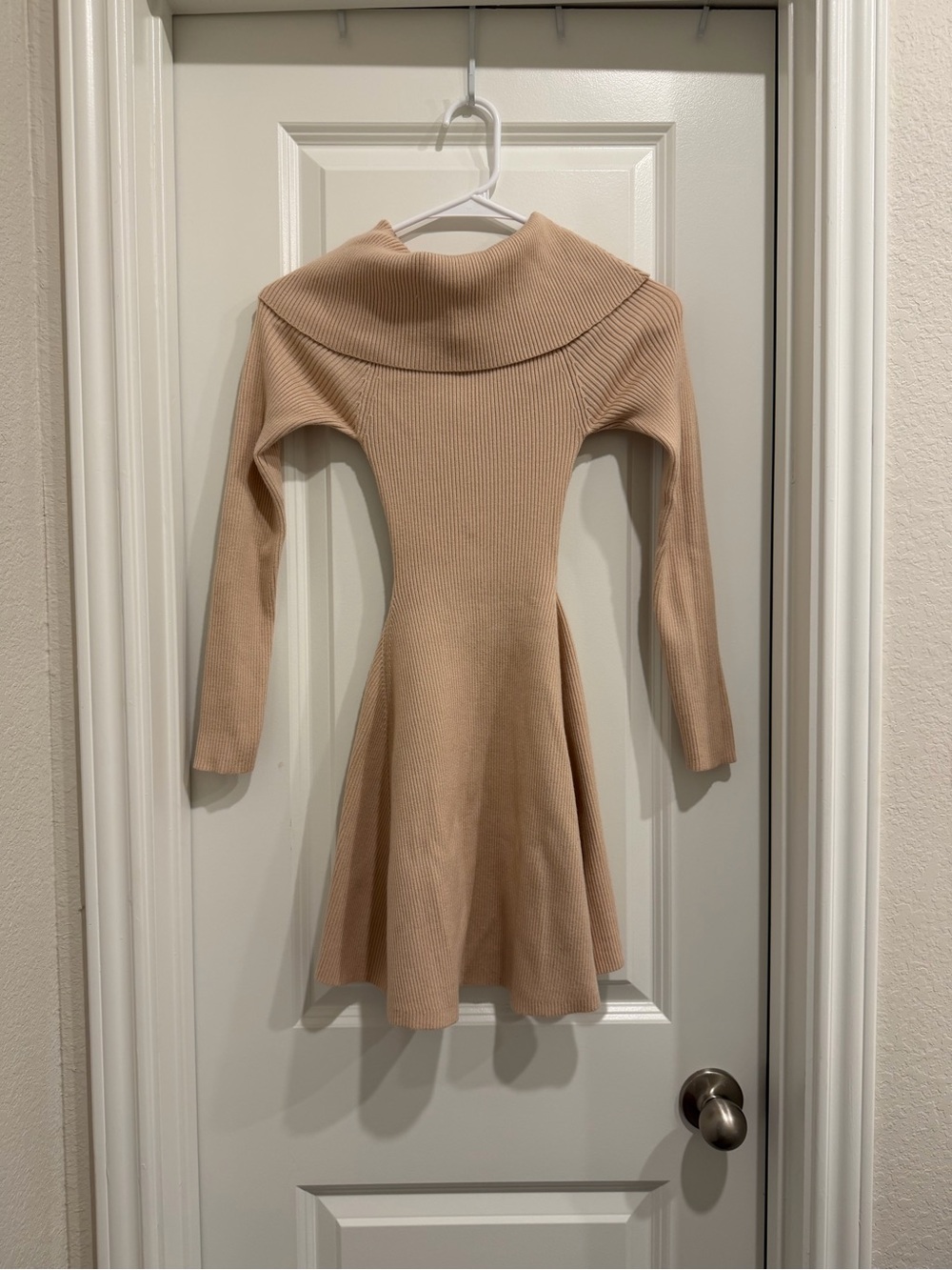 Windsor Beige Off-Shoulder Knit Mini Dress